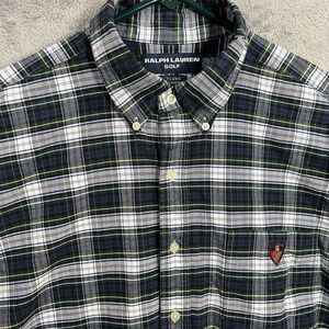 Vintage Ralph Lauren Golf Mens XL Button Down Green Blue Plaid Tilden Crest Logo